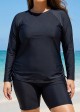 Plus Size Black Long Sleeve Drawstring Women's Swimsuit Tankini Top
