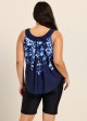 Navy Blue Floral Print Scoop Neck Vintage Curvy Women's Swimsuit Tankini Top
