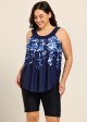 Navy Blue Floral Print Scoop Neck Vintage Curvy Women's Swimsuit Tankini Top