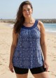 Plus Size Blue Paisley Print Scoop Neck Sleeveless Casual Padded Women's Swimsuit Tankini Top