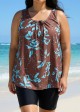 Curvy Brown Blue Tropical Leaf Vintage Wide Strap Loose Fit Plus Size Swimsuit Long Tankini Top
