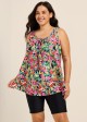 Plus Size Red Floral Scoop Neck Vintage Wide Strap Loose Fit Women's Swimsuit Tankini Top