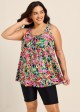 Plus Size Red Floral Scoop Neck Vintage Wide Strap Loose Fit Women's Swimsuit Tankini Top