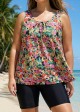 Plus Size Red Floral Scoop Neck Vintage Wide Strap Loose Fit Women's Swimsuit Tankini Top