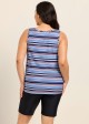 Navy Stripe V Neck Sleeveless Modest Padded Plus Size Women's Swimsuit Tankini Top