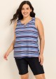 Navy Stripe V Neck Sleeveless Modest Padded Plus Size Women's Swimsuit Tankini Top