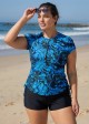 Curvy Blue Tropical Leaf Print Upf50+ Short Sleeves Zipper Drawstring Swimsuit Tankini Top