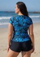 Curvy Blue Tropical Leaf Print Upf50+ Short Sleeves Zipper Drawstring Swimsuit Tankini Top