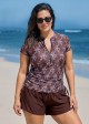 Brown Floral Upf50+ Short Sleeves Built In Bra Zipper Drawstring Curvy Swimsuit Tankini Top