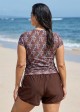 Brown Floral Upf50+ Short Sleeves Built In Bra Zipper Drawstring Curvy Swimsuit Tankini Top