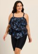 Black Floral Print Modest Layered Ruffles Plus Size Women's Swimsuit Tankini Top