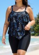 Black Floral Print Modest Layered Ruffles Plus Size Women's Swimsuit Tankini Top