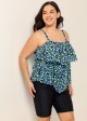 Blue Green Floral Vintage Layered Ruffles Curvy Women's Swimsuit Tankini Top