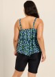 Blue Green Floral Vintage Layered Ruffles Curvy Women's Swimsuit Tankini Top