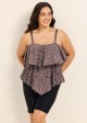 Plus Size Brown White Polka Dot Flattering Layered Ruffles Plus Size Women's Swimsuit Tankini Top