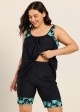 Curvy Black Plant Scoop Neck Flattering Padded Women's Swimsuit Two Piece Tankini Set
