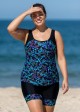 Plus Size Green Iridescent Leaf Print Scoop Neck Vintage Padded Women's Swimsuit Tankini Set