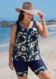 Curvy Navy Floral Scoop Neck Sleeveless Flattering Padded Curvy Swimsuit Tankini Set