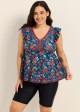 Curvy Blue Red Floral V Neck Cap Sleeves Vintage Ruffle Swimsuit Tankini Top