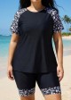 Plus Size Black Floral High Neck Upf50+ Short Sleeves Swimsuit Shirt Two Piece Tankini Set