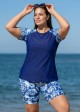 Curvy Blue Tie Dye Print High Neck Upf50+ Short Sleeves Swimsuit Shirt Two Piece Tankini Set
