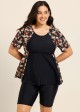 Black Floral Print Upf50+ Short Sleeves Vintage Plus Size Swimsuit Tankini Top