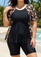 Black Floral Print Upf50+ Short Sleeves Vintage Plus Size Swimsuit Tankini Top