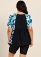 Plus Size Blue Floral Scoop Neck Upf50+ Short Sleeves Vintage Women's Swimsuit Shirt Tankini Top