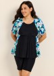 Plus Size Blue Floral Scoop Neck Upf50+ Short Sleeves Vintage Women's Swimsuit Shirt Tankini Top