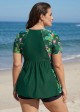 Plus Size Green Floral Upf50+ Short Sleeves Flattering Women's Swimsuit Tankini Top