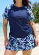 Plus Size Blue Leaf Upf50+ Short Sleeves Modest Side Drawstring Women's Swimsuit Tankini Top