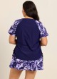 Purple Floral Upf50+ Short Sleeves Vintage Side Drawstring Curvy Women's Swimsuit Tankini Top