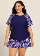 Purple Floral Upf50+ Short Sleeves Vintage Side Drawstring Curvy Women's Swimsuit Tankini Top