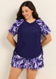Purple Floral Upf50+ Short Sleeves Vintage Side Drawstring Curvy Women's Swimsuit Tankini Top