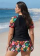 Curvy Red Floral Upf50+ Short Sleeves Modest Side Drawstring Women's Swimsuit Tankini Top