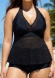 Black V Neck Cut Out Backless Lace Up Tankini Top