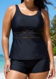 Black Scoop Neck Hollow Plus Size Modest Tankini Swimsuit Top