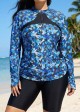 Curvy Blue Tropical Print High Neck Long Sleeves Zipper Drawstring Swim Uv Shirt Tankini Top