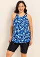 Blue Floral Print High Neck Flattering Curvy Women's Swimsuit Tankini Top