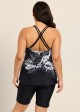 Plus Size Black Tropical Floral Print High Neck Modest Women's Swimsuit Tankini Top