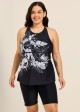Plus Size Black Tropical Floral Print High Neck Modest Women's Swimsuit Tankini Top
