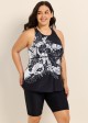 Plus Size Black Tropical Floral Print High Neck Modest Women's Swimsuit Tankini Top