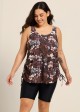 Brown Floral Scoop Neck Flattering Drawstring Curvy Women's Swimsuit Tankini Top