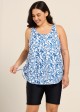 Plus Size Blue Floral Print Scoop Neck Modest Drawstring Women's Swimsuit Tankini Top