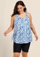 Plus Size Blue Floral Print Scoop Neck Modest Drawstring Women's Swimsuit Tankini Top