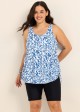 Plus Size Blue Floral Print Scoop Neck Modest Drawstring Women's Swimsuit Tankini Top