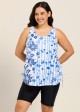 Curvy White Blue Floral Stripe Scoop Neck Vintage Drawstring Women's Swimsuit Tankini Top