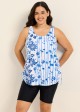 Curvy White Blue Floral Stripe Scoop Neck Vintage Drawstring Women's Swimsuit Tankini Top