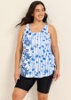 Curvy White Blue Floral Stripe Scoop Neck Vintage Drawstring Women's Swimsuit Tankini Top