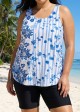 Curvy White Blue Floral Stripe Scoop Neck Vintage Drawstring Women's Swimsuit Tankini Top